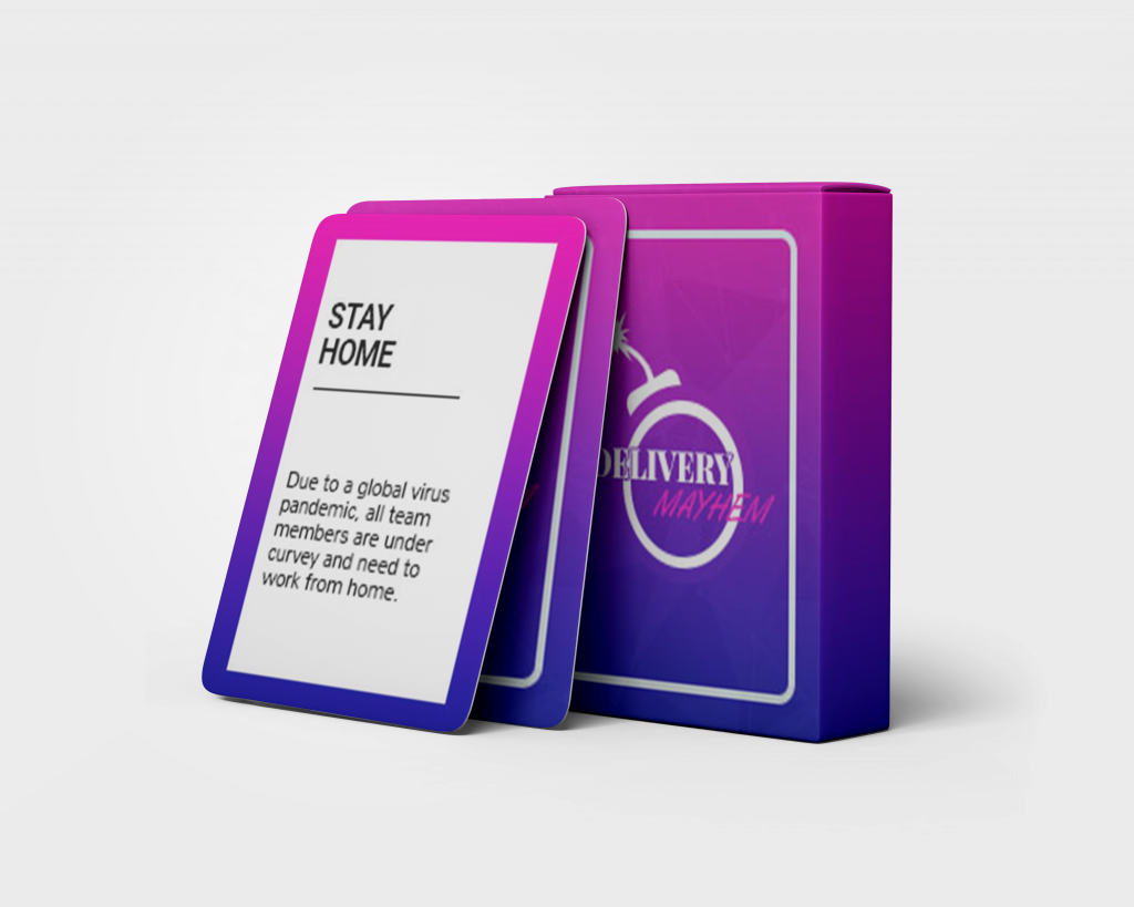 Cards and Cardbox of the SharpWitted Product Management Game Delivery Mayhem - The game designed to help those working on products, programs, projects or any other change delivery, familiarize with the 7 themes: Business Case, Organisation, Quality, Plans, Risk, Change and Progress.