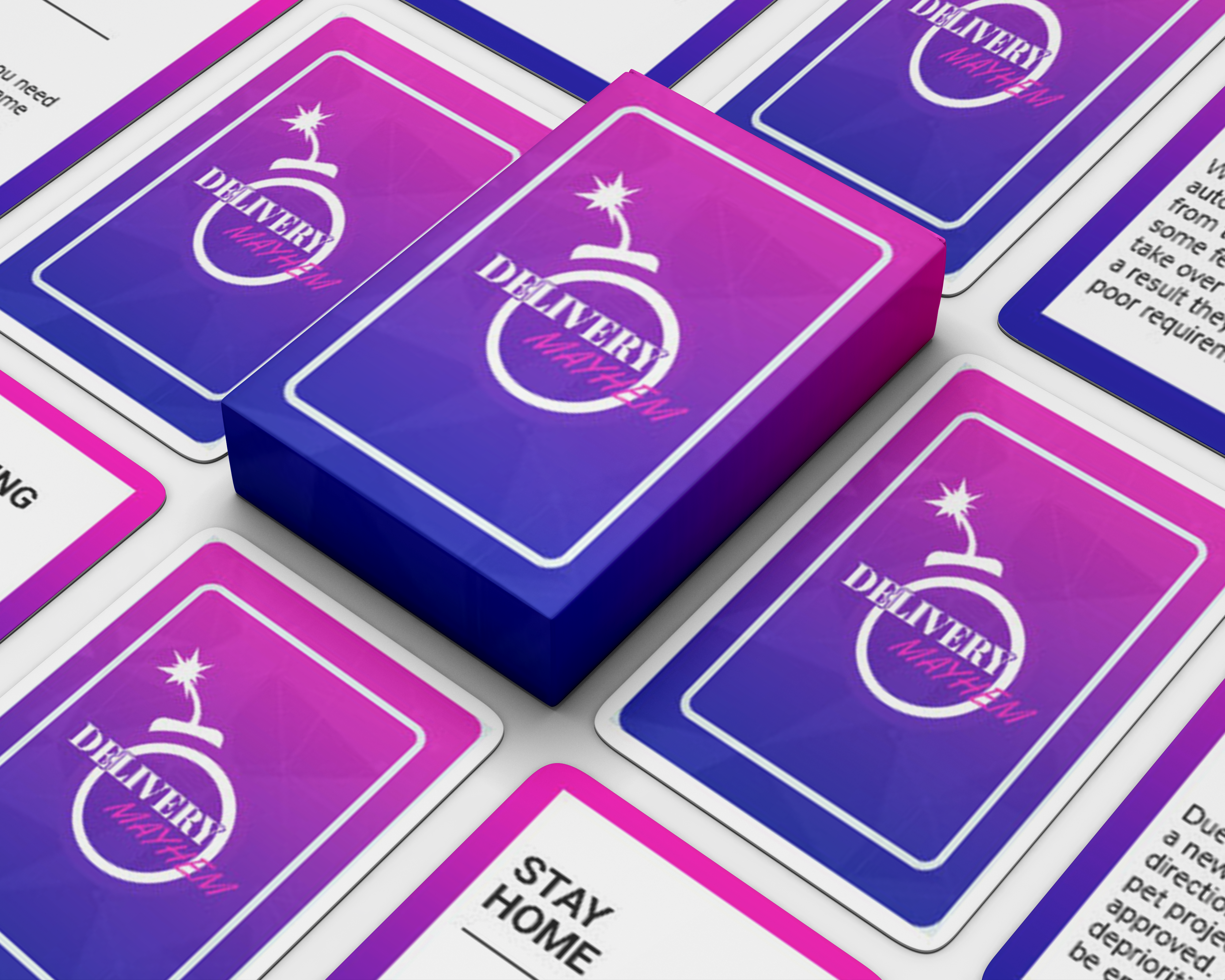 Cards and Cardbox of the SharpWitted Product Management Game Delivery Mayhem - The game designed to help those working on products, programs, projects or any other change delivery, familiarize with the 7 themes: Business Case, Organisation, Quality, Plans, Risk, Change and Progress.