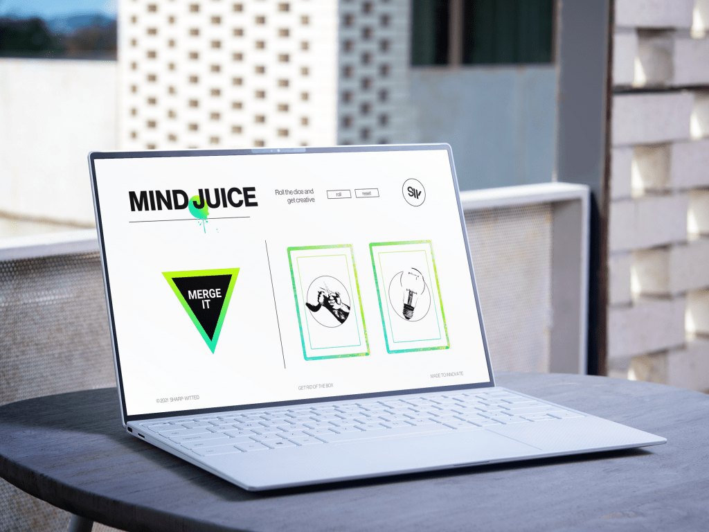 Laptop showing SharpWitted Product Management Game Mind Juice - Designed to help those working on products, improve their innovation mindset. It is time to think beyond out-of-the-box and get-rid-of-the-box