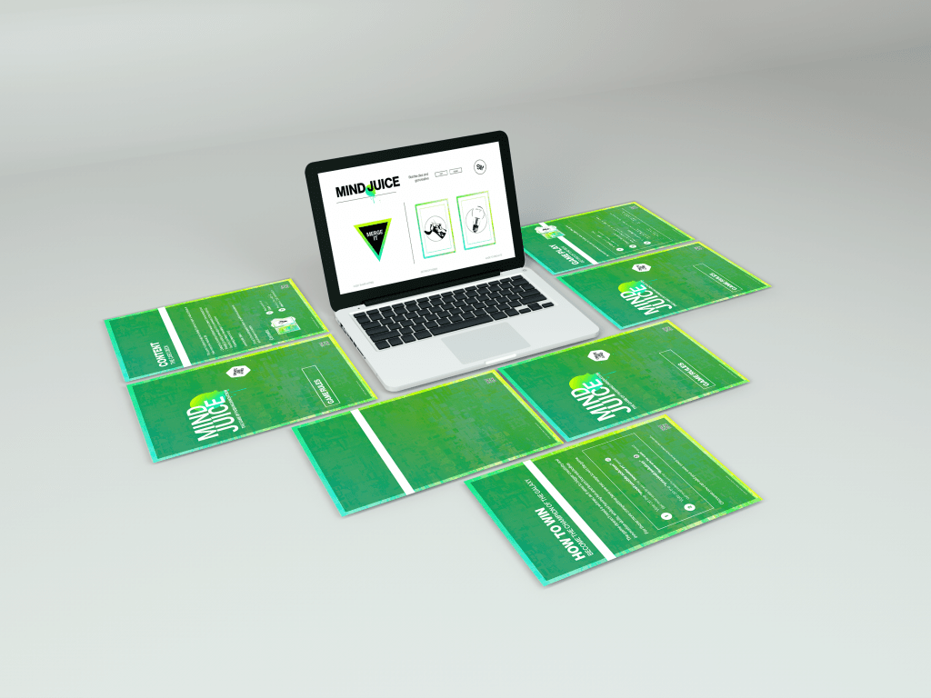 Game rules booklet and laptop view of SharpWitted Product Management Game Mind Juice - Designed to help those working on products, improve their innovation mindset. It is time to think beyound out-of-the-box and get-rid-of-the-box