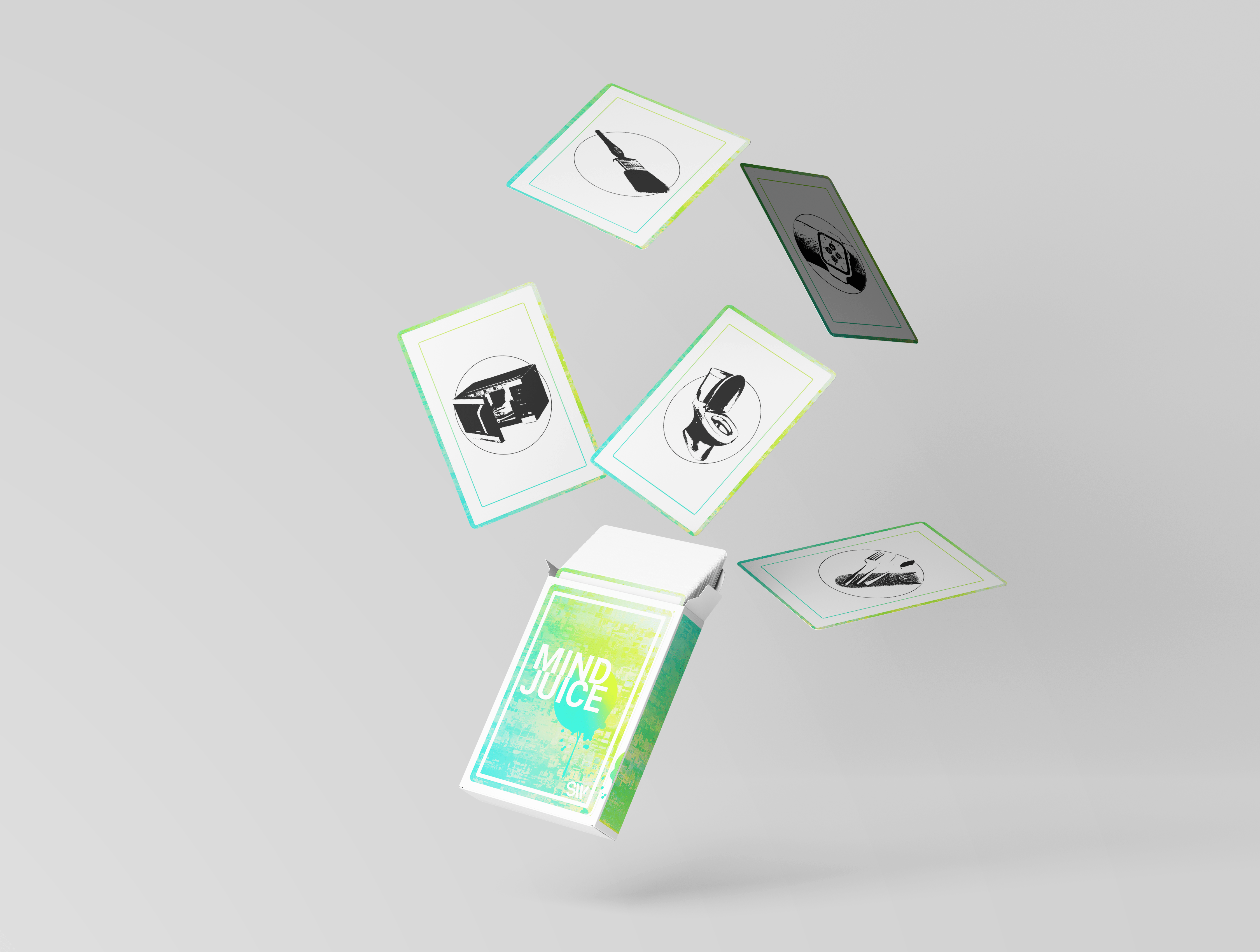 Cards falling from cardbox for SharpWitted Product Management Game Mind Juice - Designed to help those working on products, improve their innovation mindset. It is time to think beyond out-of-the-box and get-rid-of-the-box