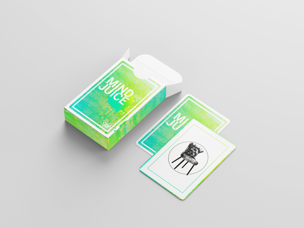 Card box and Cards of the SharpWitted Product Management Game Mind Juice - Designed to help those working on products, improve their innovation mindset. It is time to think beyond out-of-the-box and get-rid-of-the-box