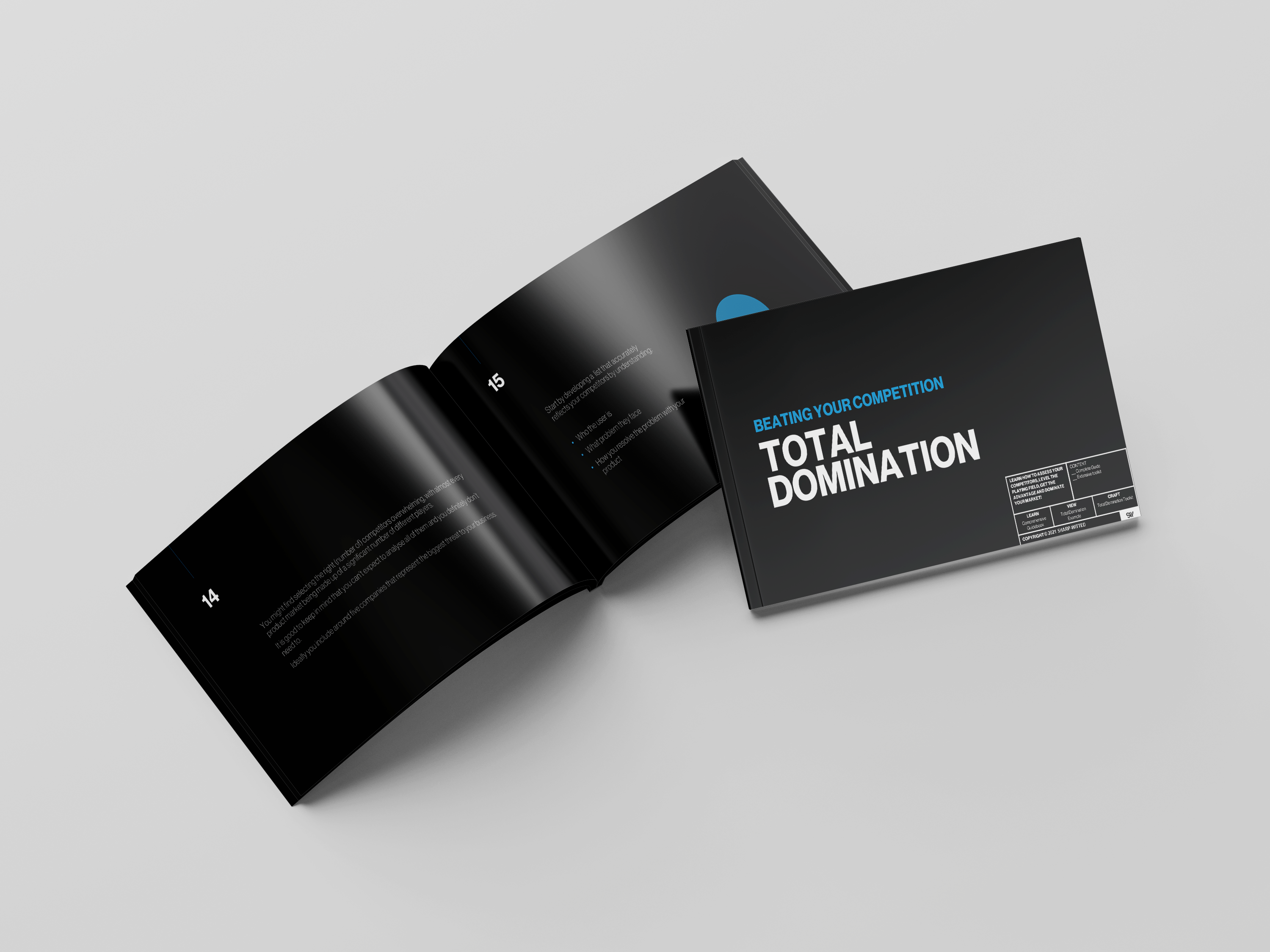 Picture of content and cover of the SharpWitted Product Management Total Domination - Beating your competition competitive analysis toolkits