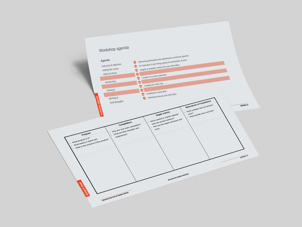 Picture of two templates provided with the SharpWitted Product Management The Ultimate Product Vision Playbook - Designed to land your impactful and shared vision.