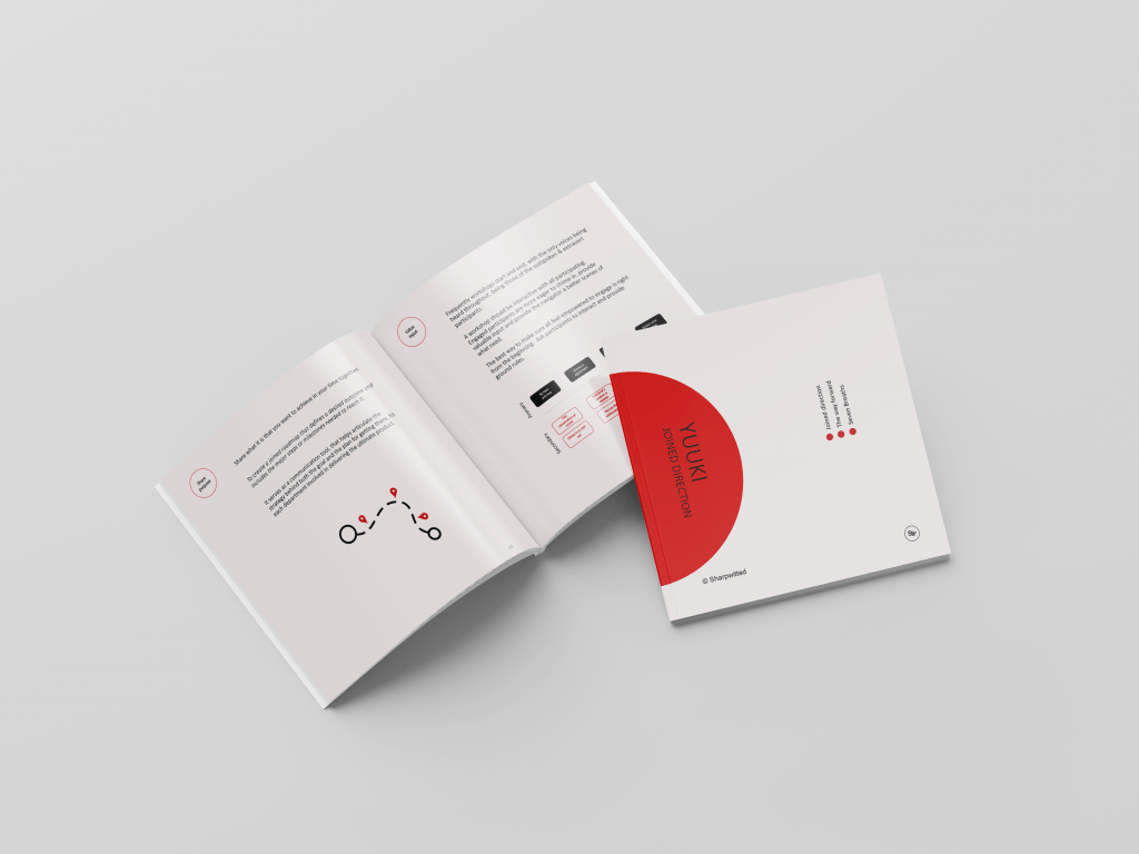 Picture of the content in and cover of the SharpWitted Product Management Yuuki - Joined Direction, creating a strategic direction for your product booklet