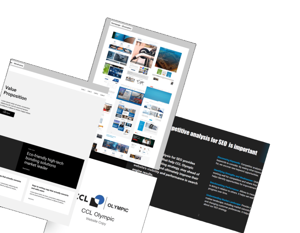 Four documents showing the wireframe, market research and competitor research done for CCL Olympic